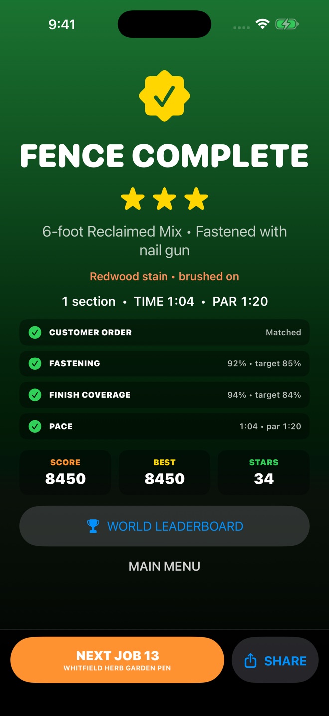 Completed fence job and score summary in Picket Zen